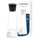 Wessper Carafe Filtrante en Verre, 1 LItre, Carafe à eau avec Cartouche Filtrante Actitex Disc, Carafe eau en Verre avec Couvercle pour l'eau et les Boissons Froides, Sans BPA – Noir