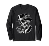 Skeleton Playing a Mouth Harp Harmonica,Wearing a Bowler Hat Long Sleeve T-Shirt