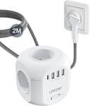 Cube rallonge électrique multiprise 2M avec 4 Prises AC,3 USB et 1 Type C,Fiche Plate,Protection Contre Les surtensions avec Interrupteur pour Cuisine,Bureau,Tressé Câble