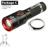 Package C No battery XM-L-Lampe de poche LED T6, aste par USB, batterie 18650, torche, 3000 strada, aluminium, étanche, 3 modes, lanterne pour cyclisme, camping, Litwod ""Nipseyteko