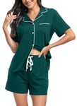 Lovasy Pyjama Coton Femme Short Ensemble Pyjamas Légers Col V Manches Courtes Chic Été 2 Pièces Vêtements de Nuit Court Boutonnée A Vert foncé S