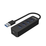 Unitek H1117A  USB 3.0 4-Port Hub with      USB-A Connector Cable. Includes 4x USB-APorts,1xUSB-CPower Port 5V 2A. Data Transfer Rate up to 5Gbps. Plug & Play. Black Colour.