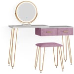 Vicco - Coiffeuse Zoey blanc/rose avec tabouret et miroir led