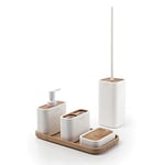 GEDY | Set Melbourne 5 pièces, 1 Plateau, 1 Brosse WC, 1 Distributeur de Savon, 1 Porte-Brosse à Dents, 1 Porte Savon, série fabriquée en résine et Bambou avec Finitions Blanches