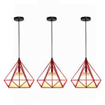 Lustre Suspension Design Cage Diamant en Métal 25cm Plafonnier Luminaire Rouge 3PCS