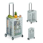 Relaxdays Chariot de Courses Pliable, Caisse sur roulettes, 25 kg, poignée télescopique, grillagé, Gris