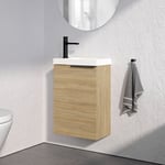 Bernstein - Meuble suspendu en bois laqué avec lavabo vasque en céramique intégré + 1 porte soft-close - Résiste à l'humidité, Poignée métal