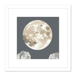 Bright Huge Full Harvest Moon Over Mountain Peaks Square Wooden Framed Wall Art Print Picture 8X8 Inch