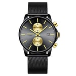 Montres pour Homme Mode Sport Quartz Analogique Noir Maille Acier Inoxydable Étanche Chronographe Montre-Bracelet Auto Date en - Or Noir