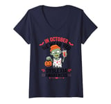 Womens In October We Wear Red Dyslexia Awareness Zombie V-Neck T-Shirt