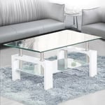 Table basse rectangulaire en verre transparent moderne avec étagère inférieure chromée et support en mdf pour salon, salle de réception, Blanc