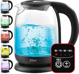 Zilan, Bouilloire en verre à écran numérique et LED, différentes couleurs,1.7lt, 5 réglages différents de la température, Bouilloire sans fil avec corps en verre à haut borosilicate à 360°, 2200W