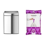 Brabantia Wall-Mounted Rectangular Touch Bin 10 Litre, Fingerprint Proof Matt Steel & PerfectFit Bin Liners (Size C/10-12 Litre) Thick Plastic Trash Bags with Tie Tape Drawstring Handles (40 Bags)