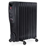 Pro Breeze Radiateur à bain d'huile 2500W, 11 éléments - Chauffage électrique portable avec Minuterie intégrée, 3 niveaux de chaleur, Thermostat réglable, Caractéristiques de sécurité intégrées - Noir