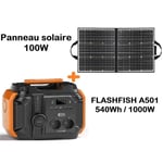 Kit Panneau Solaire Portable 100W 18V + Chargeur Solaire 540Wh Flashfish A501 500W Camping Onduleur Générateus Solaires Pliable