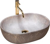 Rea Vasque à Poser Lara Beige, Ovale, En Céramique, Imitation Pierre, Pour Salle De Bain, Couleur Beige Champagne, 48 x 35 cm, Idéale comme Lave-Main ou Lavabo pour WC, Lavabo à Poser