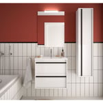 Meuble de salle de bain suspendu 60 cm Nevada en bois Blanc brillant avec lavabo en porcelaine 60 cm - Avec colonne, miroir et lampe LED