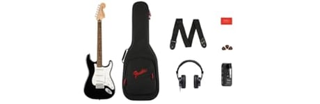 Squier by Fender Affinity Series™ Stratocaster® Electric Guitar & Mustang™ Micro Pack in Black. Includes Gig Bag, Strap, Headphones, Picks & a Free 3-Month Subscription to Fender Play