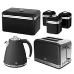 Swan Retro Black Kettle, 2 Slice Toaster, Bread Bin & Canisters Kitchen Set