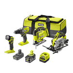 RYOBI - Combo 4 outils 18V ONE+ : perceuse-visseuse + scie sauteuse + scie circulaire + lampe LED - Sac de transport avec 2 batteries 5 et 2 Ah et 1 chargeur rapide - RCK184A-252S