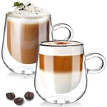 TKNO Double Walled Glass Coffee Mug Cups with Handle, Set of 2 Hollow Vacuum Sealed Cappuccino Macchiato Latte Glasses, Hand Made, Heat Resistant, Microwave Safe Drinking Glasses, 300ml Cup