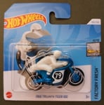 HOT WHEELS 2024 1966 TRIUMPH TIGER 100, BLUE/WHITE, SHORT CARD.