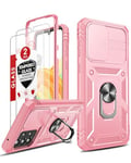 LeYi for Samsung Galaxy A33 5G Case with Slide Camera Cover and 2 Tempered Glass Screen Protector,Ring Holder Full Body Protective Heavy Duty Shockproof Hard Armour Phone Cover, Pink