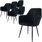 Lot de 6 Chaises de Salle à Manger Cuisine Salon Séjour - Noir - Assise Siège Rembourrée en Velours Structure en Métal Fauteuil Rétro avec Accoudoirs