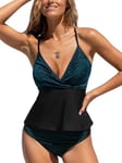 CUPSHE Ensemble tankini pour femme - Col en V - Aspect portefeuille - Paillettes - Maillot de bain à lacets - Taille moyenne - Maillot de bain deux pièces, Noir/bleu., S