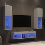 Tv-møbel til væg 5 dele med LED-lys konstrueret træ hvid