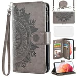 Asuwish Phone Case for Samsung Galaxy S21 5G 6.2 inch Wallet Flip Cover with Tempered Glass Screen Protector and Mandala Flower Leather Credit Card Holder Stand Cell S 21 21S G5 Women Girls Gray