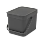 Brabantia Sort & Go 6L - Composteur Cuisine - Poignée de Transport - Petite Poubelle Compost de Table, Comptoir ou Sous la Cuisine - Gris - 20 x 25 x 18 cm