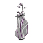 Wilson Amazon Exclusive Beginner Complete Set, 9 extended length (+1 in) golf clubs with cart bag, Women's (right hand), Stretch XL, White/Grey/Purple, WGG157555