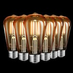 MASTERY MART E27 Vintage Light Bulbs, Non Dimmable 2500K Warm White, 6.5W (60W Equivalent), Retro Amber Glass ST64 Filament Led Bulb with Edison Screw Cap, 650 LM, Pack of 6