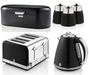 Swan Retro Black Kitchen Set Jug Kettle 4 Slice Toaster Bread Bin & Canisters