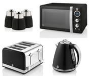 Swan Retro Black Jug Kettle 4 Slice Toaster Microwave & Canisters Kitchen Set