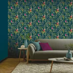 Navy Tropical Wallpaper Metallic Gold Green Birds Geometric Pattern Feature Wall