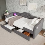 Redom - Banquette-lit rembourrée, canapé-lit, lits rangements, cadre de lit avec fonction de chargement usb Type c et 2 tiroirs 90x200cm en lin gris