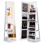 GOPLUS Armoire à Bijoux avec Miroir sur Pied, Armoire à Bijoux Rotative à 360° avec Lumière LED 3 Couleurs, Organisateur de Bijoux Verrouillable, Étagère de Rangement, Miroir Intégré (Blanc)