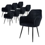 Lot de 8 chaises de salle à manger fauteuil noir en velours pieds métalliques