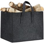 Panier à bûches de bois en feutre, HxlxP: 34,5 x 43 x 36,5 cm, 2 poignées, pliable, porte-revues, anthracite - Relaxdays