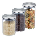 Relaxdays Jars in Set of 3, in Different Sizes, Steel Airtight Lids, Dry Food Storage, Glass, Transparent/Silver, 18 x 10 cm