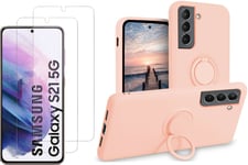 Coque Silicone Pour Samsung S21 5G Couleur Rose Avec Anneau Support + 2 Verres