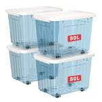 Cetomo Lot de 4 boîtes de rangement en plastique de 80 l x 4 cm, bleu clair, avec couvercle durable et boucles de verrouillage sécurisées, empilables et emboîtables, avec boucle