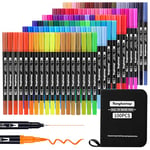 Tongfushop Feutres Pinceaux, 100 Couleurs Feutres Coloriage Adulte, Sûr et Durable Stylo Feutre Aquarelle, Double Pointe Fine Brush Pen 0.4mm et 5mm, Pour Bullet Journal, Livre de Coloriage