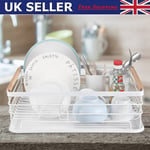 White Compact Kitchen Dish Drainer Rack Removable Drip Tray Cutlery Holder Tidy