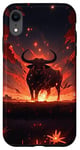 Coque pour iPhone XR Bull bison rouge vif coucher de soleil, étoiles de nuit lune fleurs #4