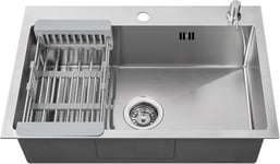 Lonheo Evier Cuisine 1 Bac 68 x 45 CM, Evier Inox Grand Bac avec Egouttoir pour Meubles Bas de 80 cm, Lavabo Cuisine avec Trous pour Robinets et Distributeur de Savon