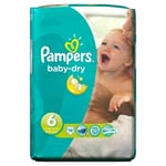 38 x Pampers Baby Dry Nappies 12 Hour, Size 6 Flexible Sides 13-18kg, Carry Pack