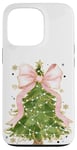 Coque pour iPhone 13 Pro Coquette rose avec nœud en ruban et sapin de Noël vert pour fille